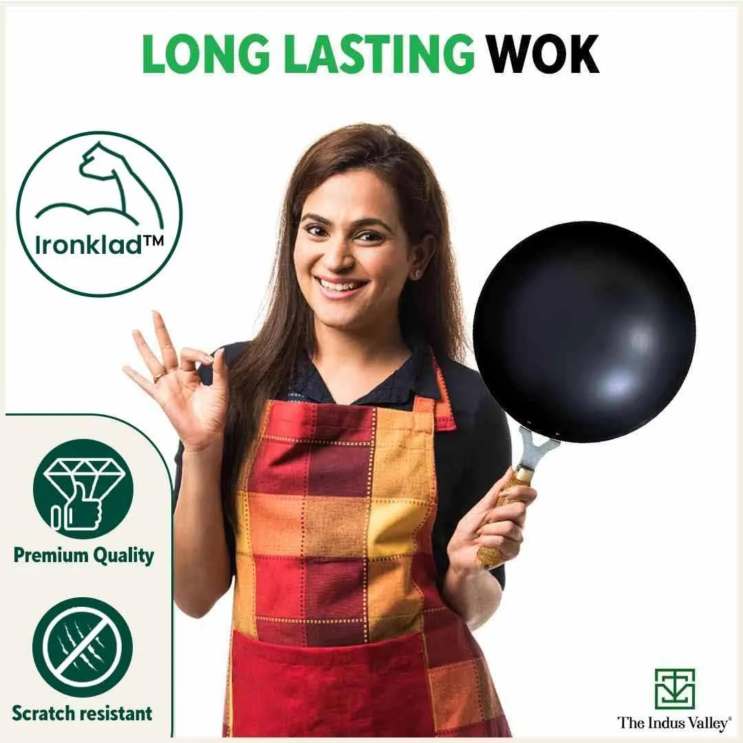 The Indus Valley Pre-Seasoned Iron Wok with Strong Wooden Handle | Large, 30.4cm/12 inch, 4.2Ltr, 1.5kg | Gas Compatible | Pre-Seasoned Wok, 100% Pure & Toxin-Free, No Chemical Coating