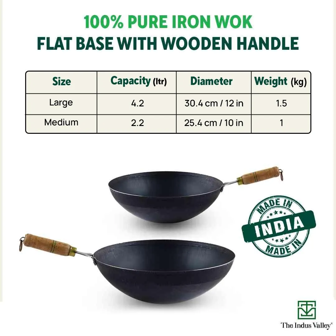 The Indus Valley Pre-Seasoned Iron Wok with Strong Wooden Handle | Large, 30.4cm/12 inch, 4.2Ltr, 1.5kg | Gas Compatible | Pre-Seasoned Wok, 100% Pure & Toxin-Free, No Chemical Coating