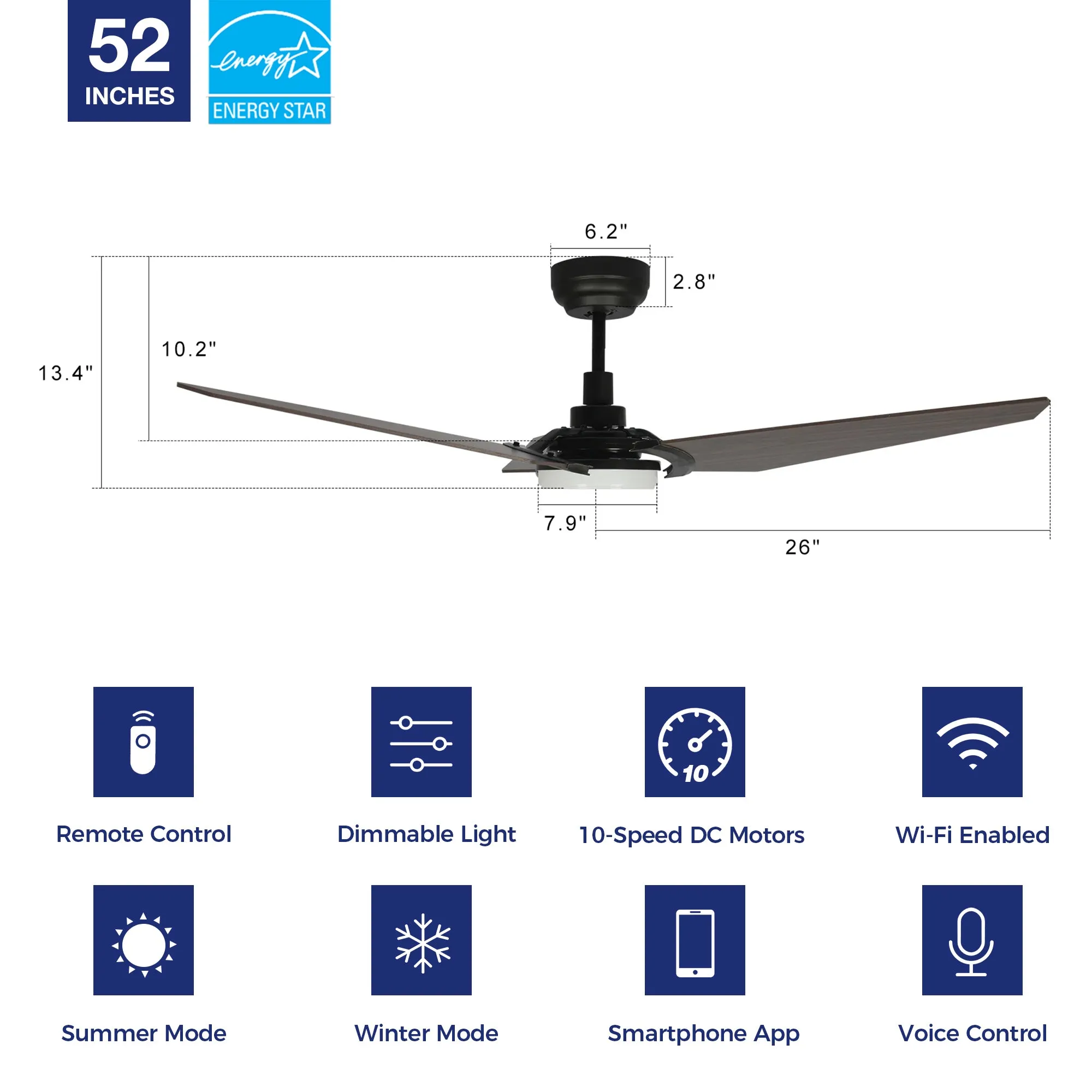 Trailblazer Outdoor Smart Ceiling Fan with LED Light and Remote 52 inch