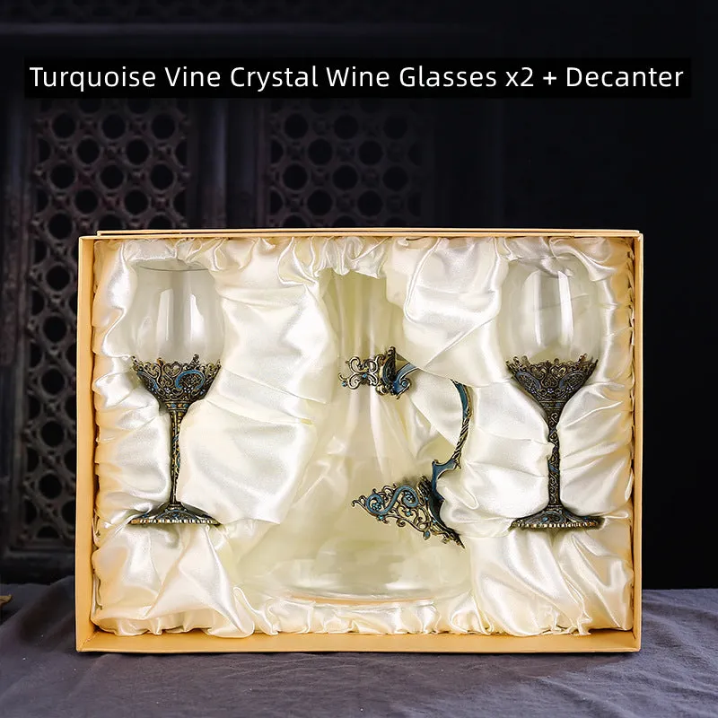 Turquoise Vine Crystal Wine Glasses with Decanter Suitcase Set