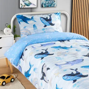 Underwater Sharks and Whales Kids Duvet Cover Set Reversible Soft Cotton Marine Life Bedding with Curtains for Boys and Girls by OLIVIA ROCCO