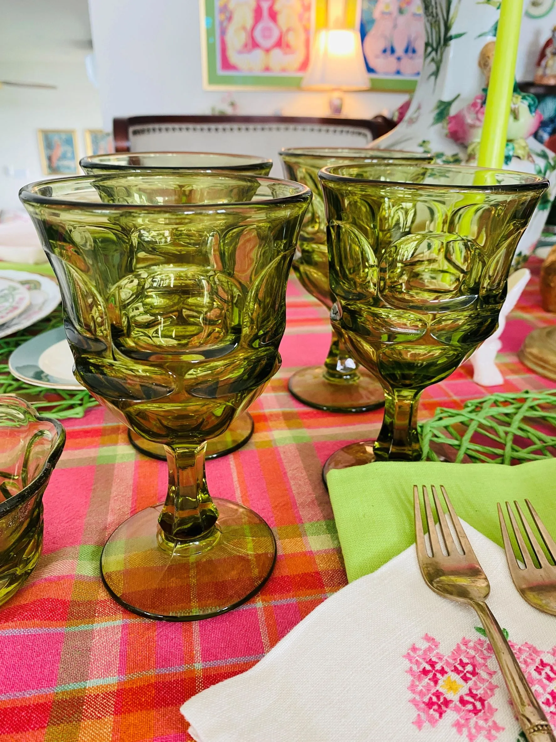 Vintage Green glass Fostoria Henry Ford Green goblets, Set of 4 with Small Bowl