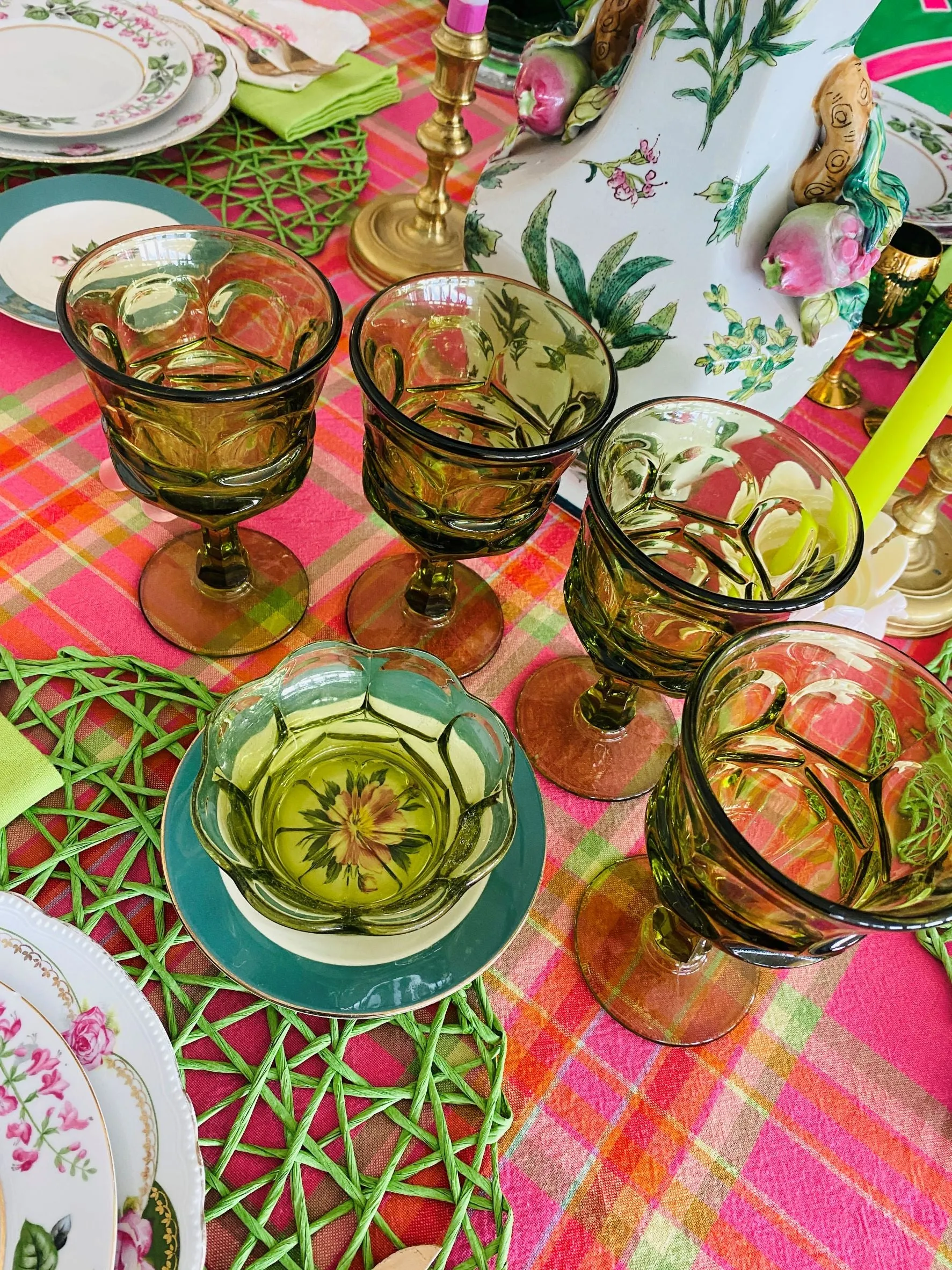 Vintage Green glass Fostoria Henry Ford Green goblets, Set of 4 with Small Bowl