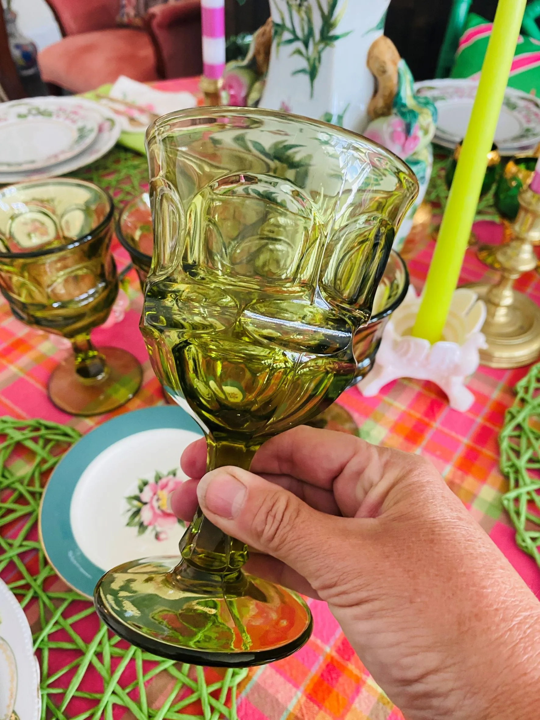 Vintage Green glass Fostoria Henry Ford Green goblets, Set of 4 with Small Bowl