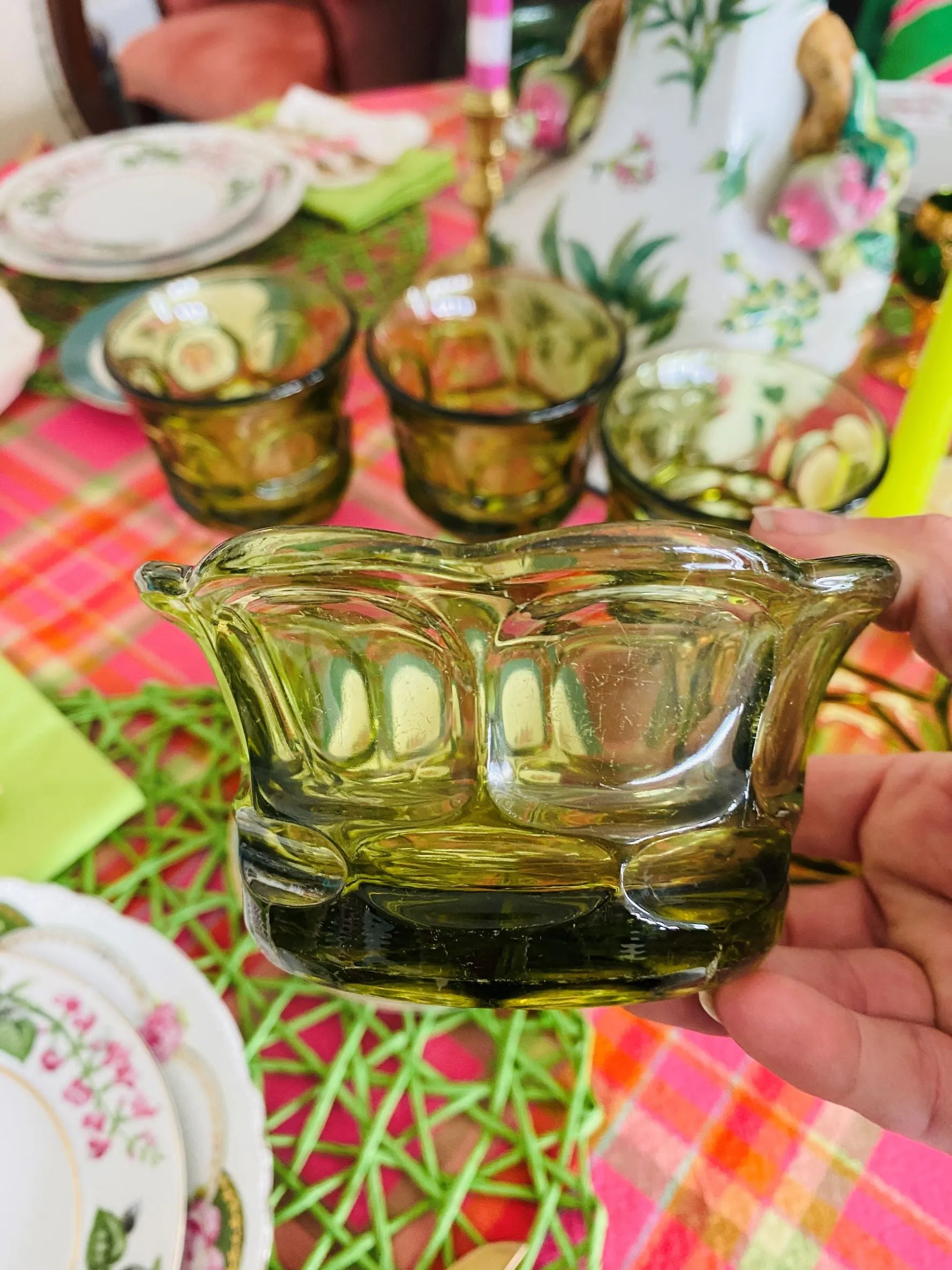 Vintage Green glass Fostoria Henry Ford Green goblets, Set of 4 with Small Bowl