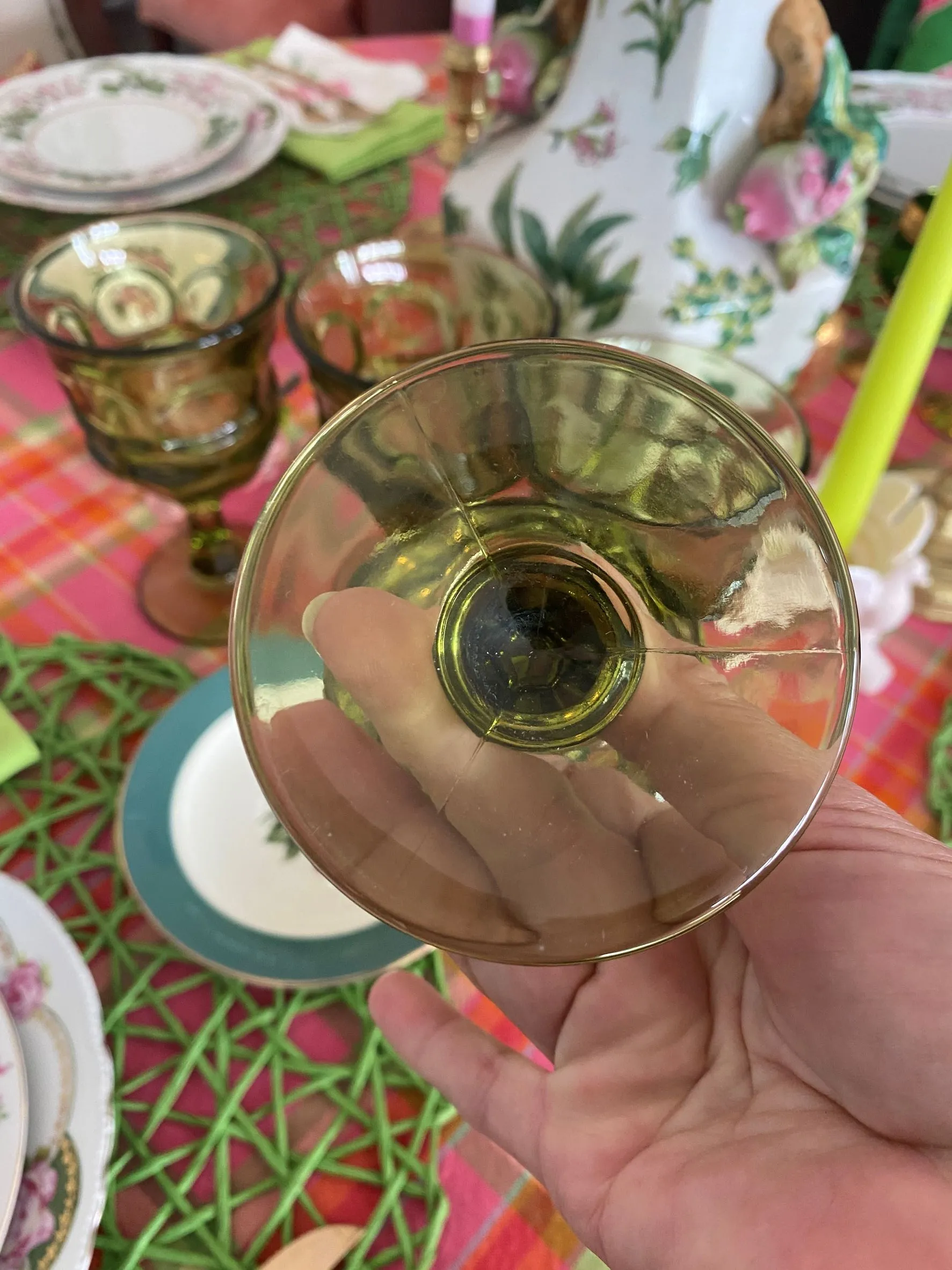 Vintage Green glass Fostoria Henry Ford Green goblets, Set of 4 with Small Bowl