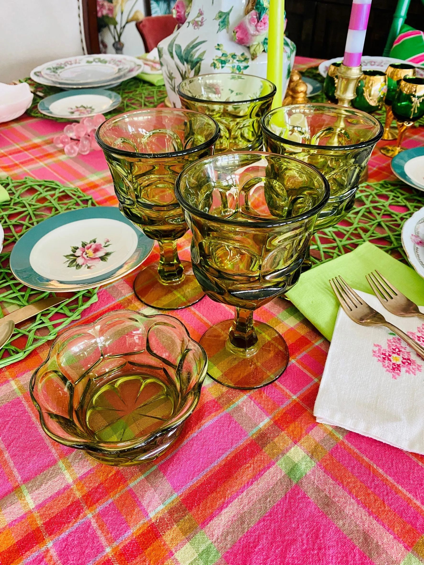 Vintage Green glass Fostoria Henry Ford Green goblets, Set of 4 with Small Bowl