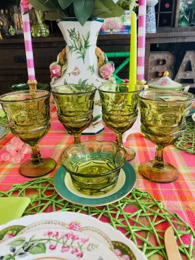 Vintage Green glass Fostoria Henry Ford Green goblets, Set of 4 with Small Bowl