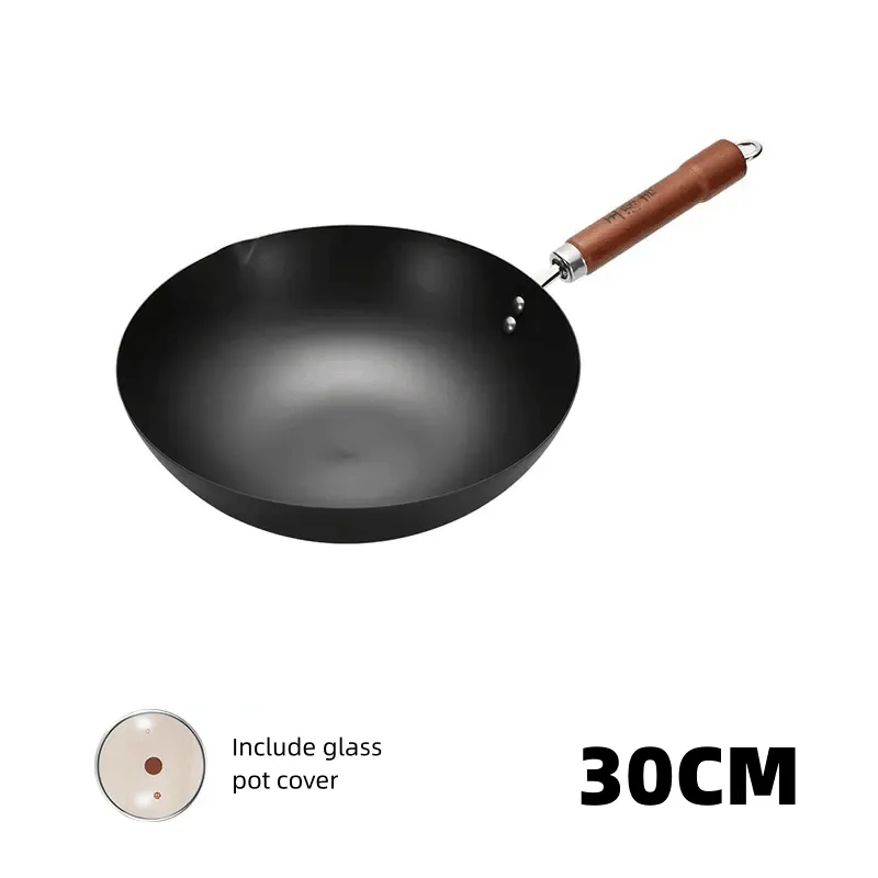 WANGYUANJI Carbon Steel Wok Pan, 11" Flat Bottom Woks and Stir Fry Pans with Lid,No Chemical Coated Traditional Wok for Induction, Electric, Gas, Halogen All Stoves-Practical Gift, 32/34/36cm