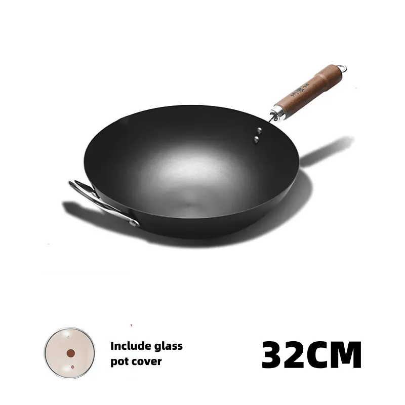 WANGYUANJI Carbon Steel Wok Pan, 11" Flat Bottom Woks and Stir Fry Pans with Lid,No Chemical Coated Traditional Wok for Induction, Electric, Gas, Halogen All Stoves-Practical Gift, 32/34/36cm