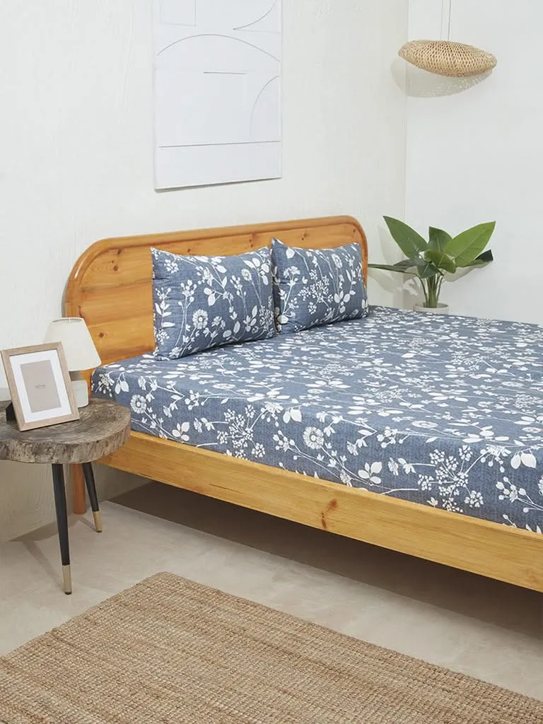 Westside Home Dusty Blue Floral King Bed Flat Sheet and Pillowcase Set