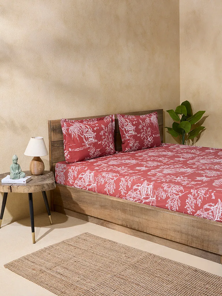 Westside Home Rust Printed Double Bed Fitted Sheet and Pillowcase Set