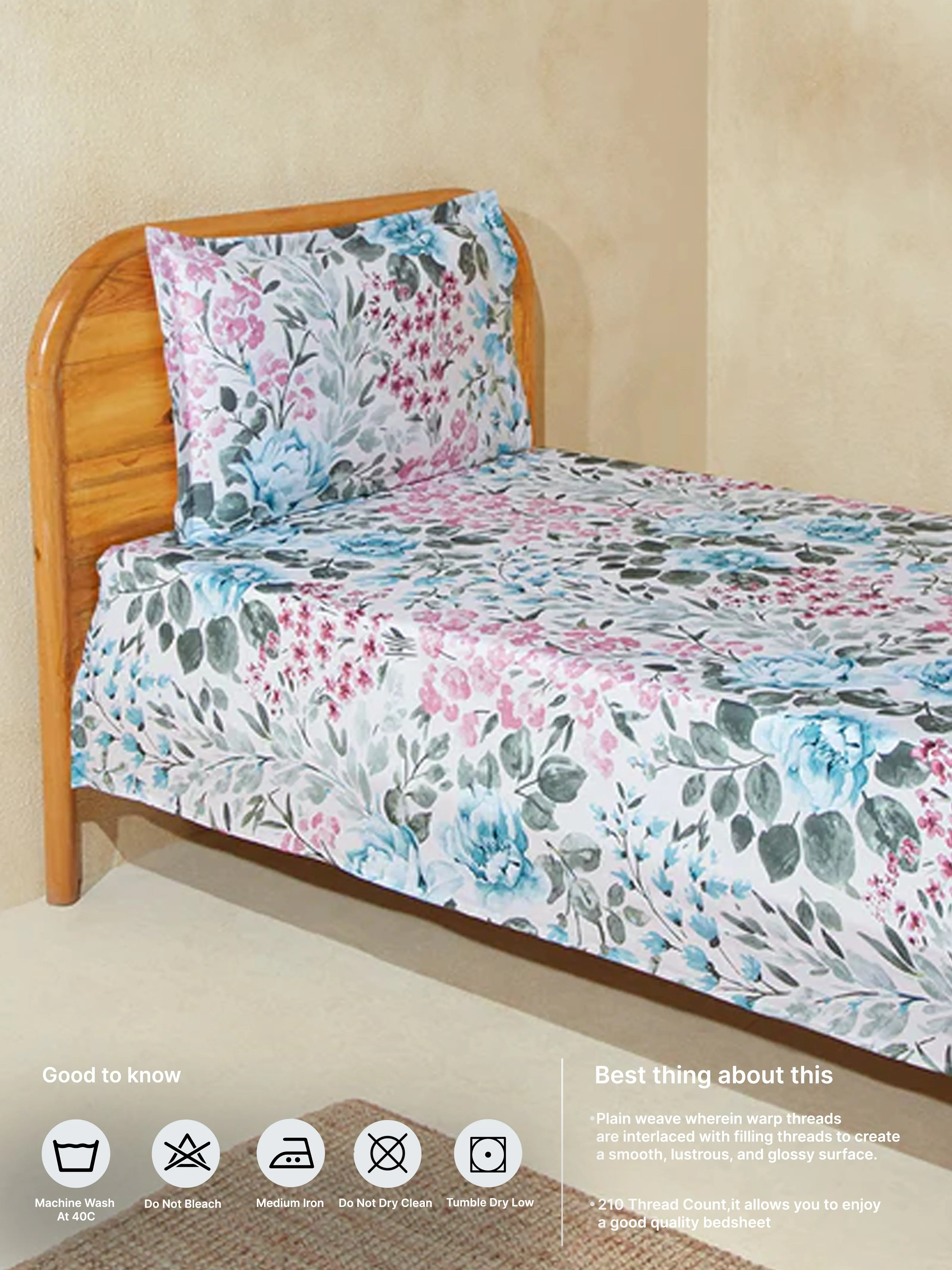 Westside Home Teal Bloom Single Bed Flat Sheet and Pillowcase Set