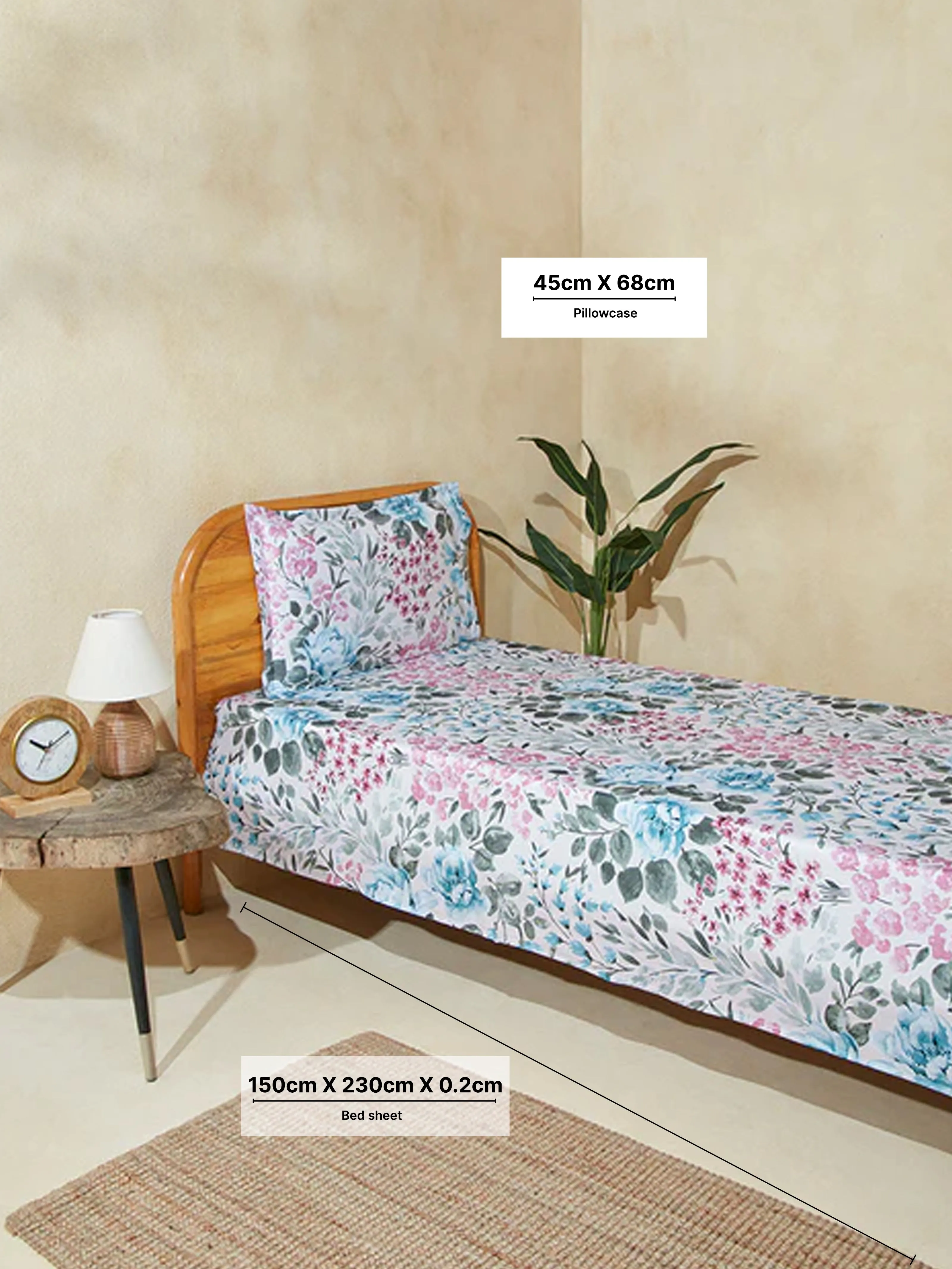 Westside Home Teal Bloom Single Bed Flat Sheet and Pillowcase Set