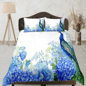 White bedding blue peacock decor aesthetic bedding set full, luxury duvet cover queen, king, boho duvet, designer bedding, maximalist decor