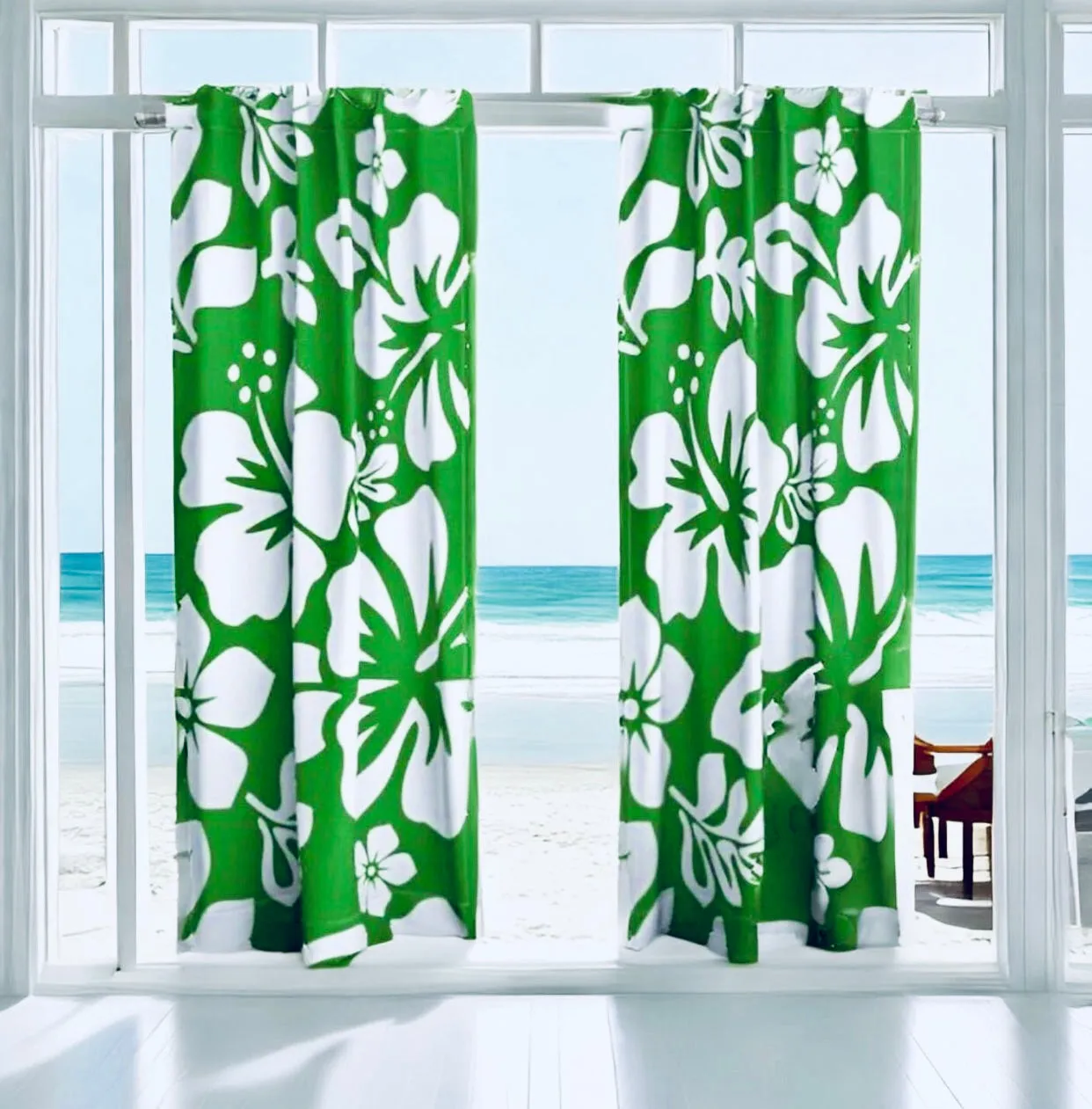 White Hawaiian Flowers on Fresh Green Sheet Set from Surfer Bedding™️ Large Scale