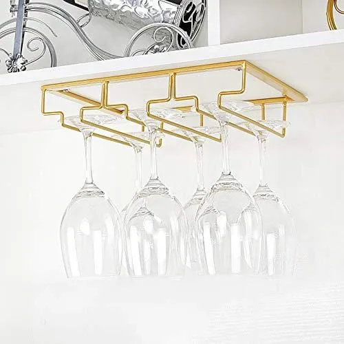 Wine Glass Rack - Under Cabinet Stemware Wine Glass Holder Glasses Storage Hanger 2 Pack Metal Organizer for Bar Kitchen Gold