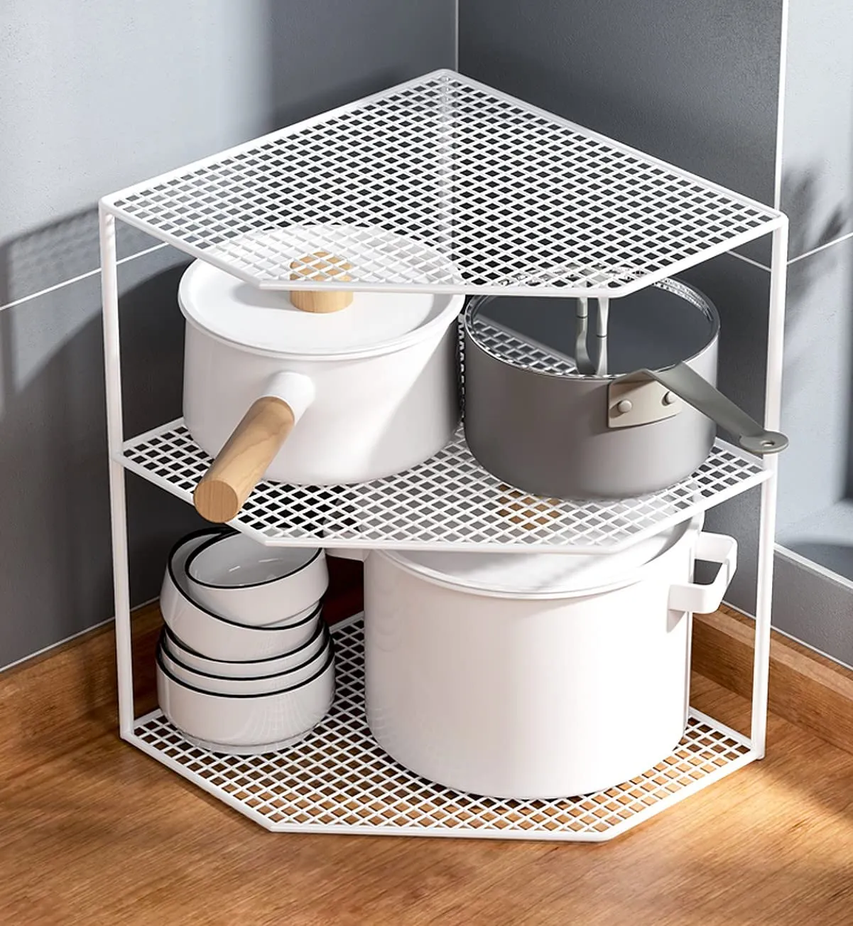 wolpin (1 Pc 3-Tier Storage Shelf Kitchen Cabinet Stand Floor Standing Or Tabletop Rack Organizer Metal Universal Pot Pan Holder For Kitchen Platform/Cabinet/Floor (White, Tiered Shelf)