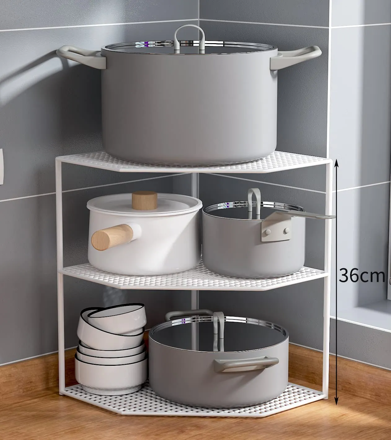 wolpin (1 Pc 3-Tier Storage Shelf Kitchen Cabinet Stand Floor Standing Or Tabletop Rack Organizer Metal Universal Pot Pan Holder For Kitchen Platform/Cabinet/Floor (White, Tiered Shelf)