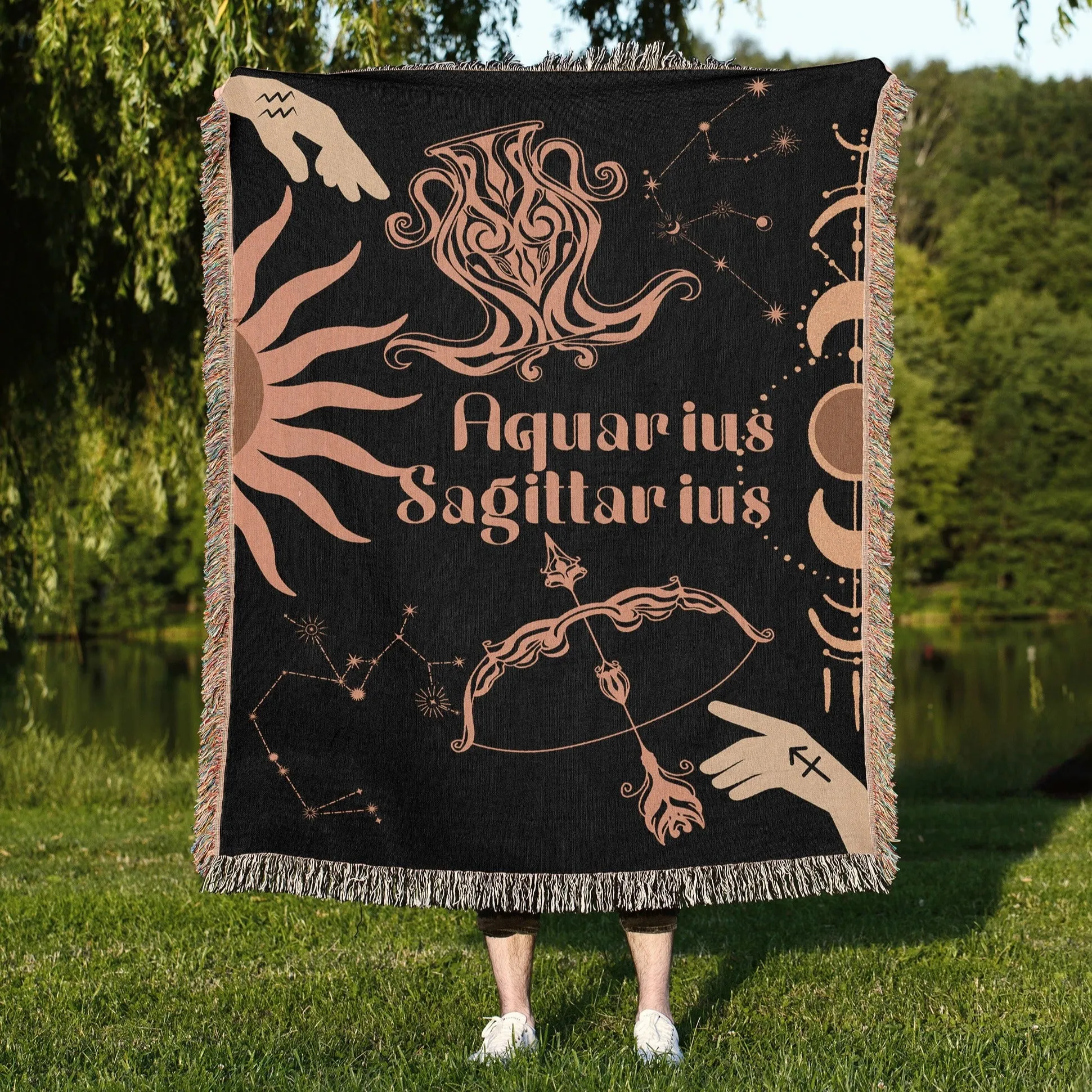 Zodiac Compatibility Match Woven Tapestry Throw Blanket | Astrology-inspired Home Decor | Aquarius & Sagittarius Horoscope