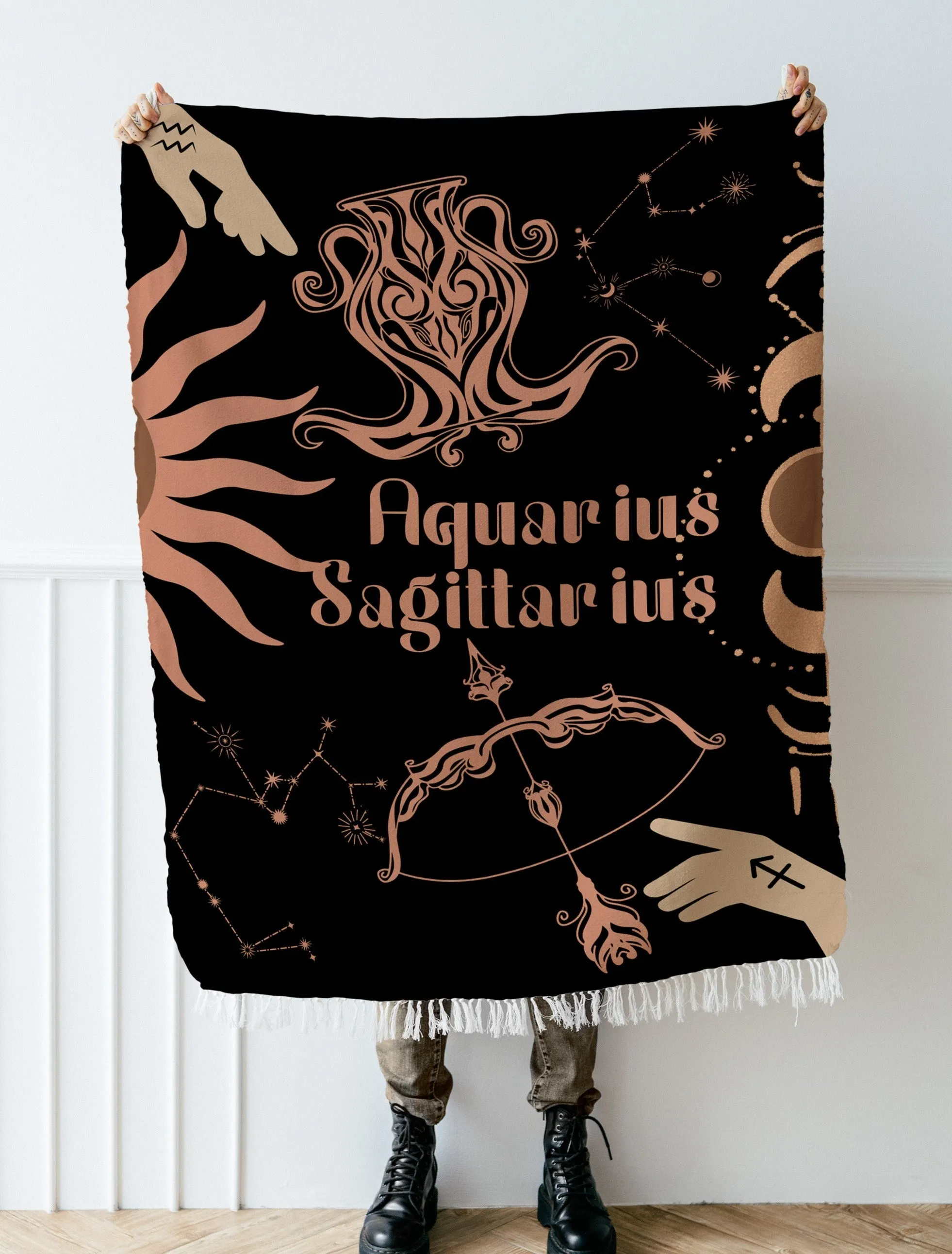 Zodiac Compatibility Match Woven Tapestry Throw Blanket | Astrology-inspired Home Decor | Aquarius & Sagittarius Horoscope