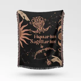 Zodiac Compatibility Match Woven Tapestry Throw Blanket | Astrology-inspired Home Decor | Aquarius & Sagittarius Horoscope